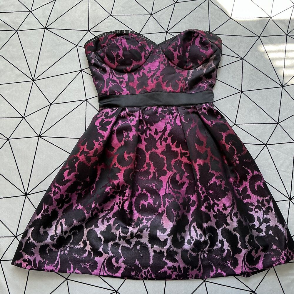 Pink Black Brocade Strapless Party Dress S Damask Fit Flare Prom Homecoming